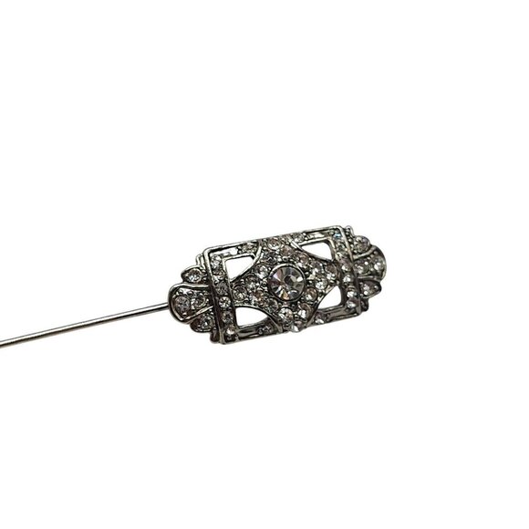 Vintage Silver Tone Clear Rhinestone Stick Pin Brooch With Art Deco Design - Picture 2 of 5